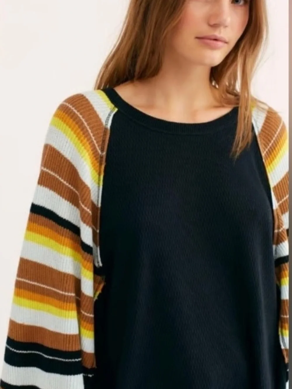 Free People Rainbow Stripes Waffle Knit Top with Striped Balloon Sleeves
